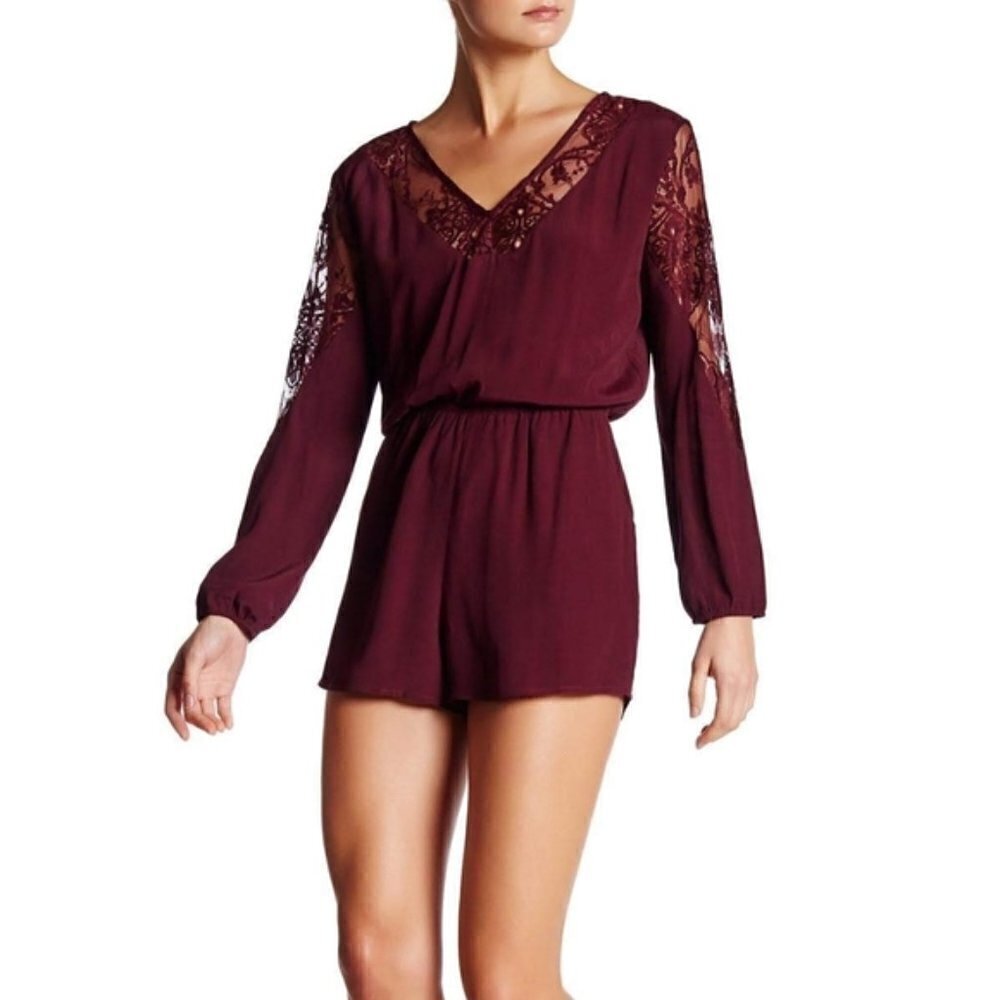 NEW BB Dakota Larsen Lace Paneled Romper in Aubergine